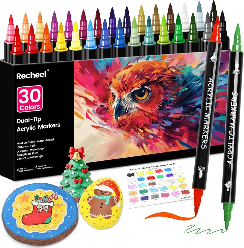 Recheel 30 Colors Acrylic Paint Markers, Dual Tip Fine and Brush Tips for Detailed Art, Crafting, Rock Painting, Wood, Glass, Ceramic, and More - Image 1